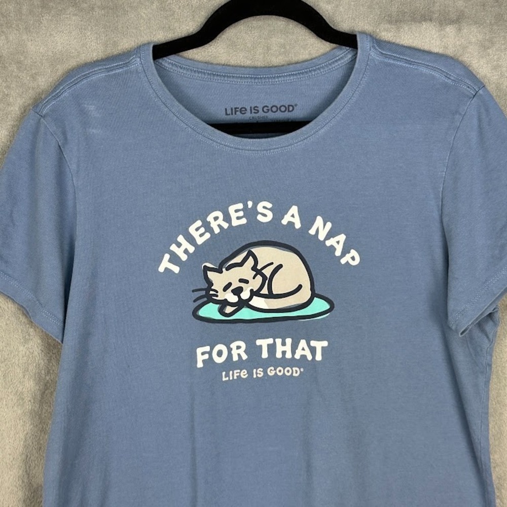 Life Is Good Shirt Womens Large Blue Crusher Tee Short Sleeve Cat Kitten Nap - Picture 2 of 12